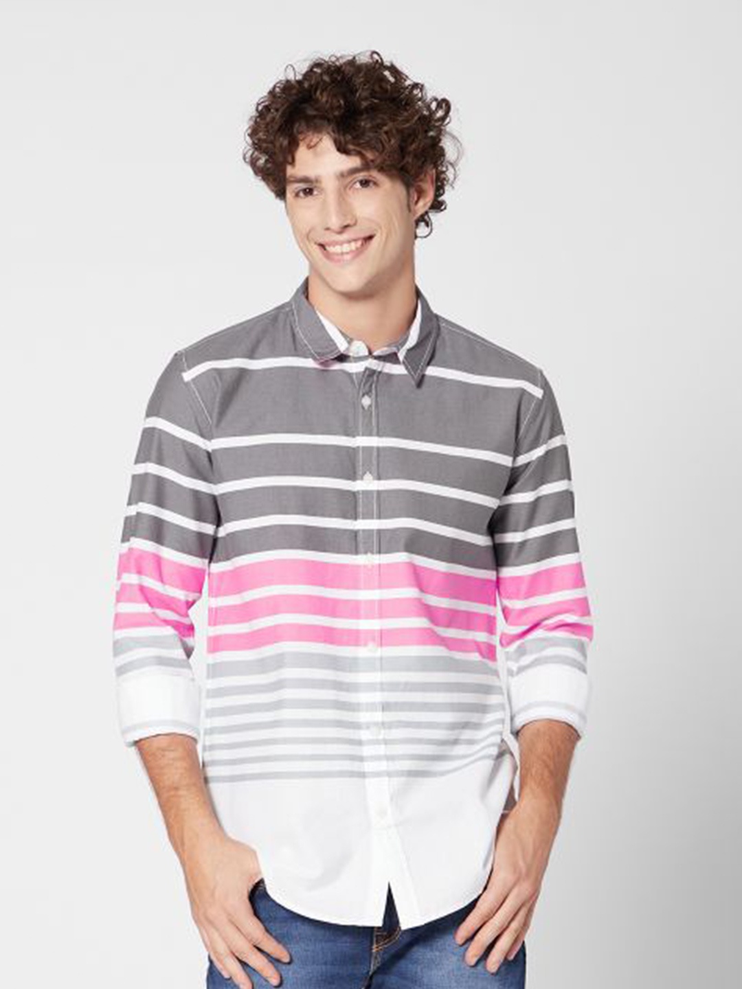 

ROCKING SWAMY Men Slim Fit Horizontal Stripes Casual Cotton Shirt, Grey
