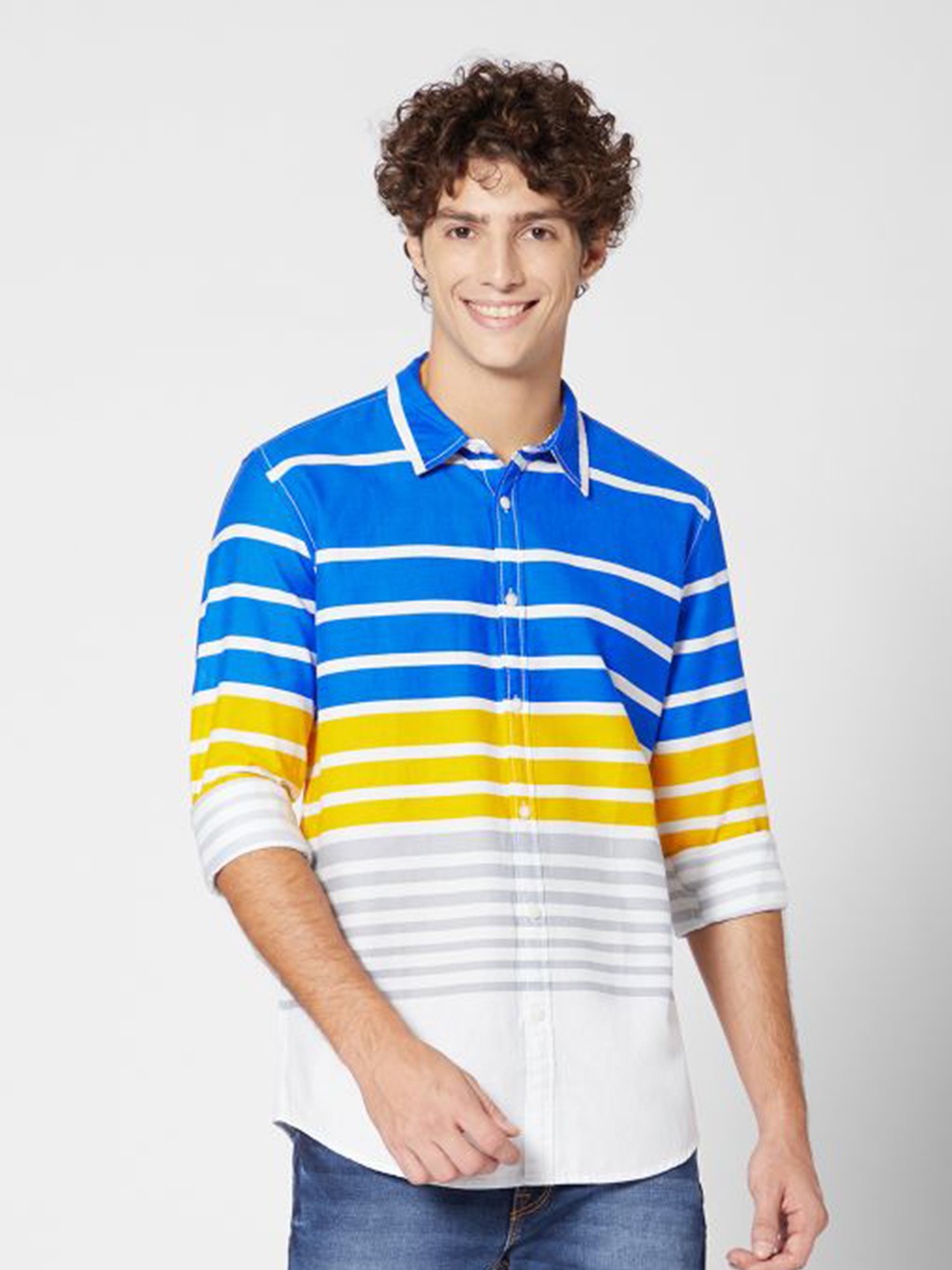 

ROCKING SWAMY Men Slim Fit Horizontal Striped Casual Cotton Shirt, Blue