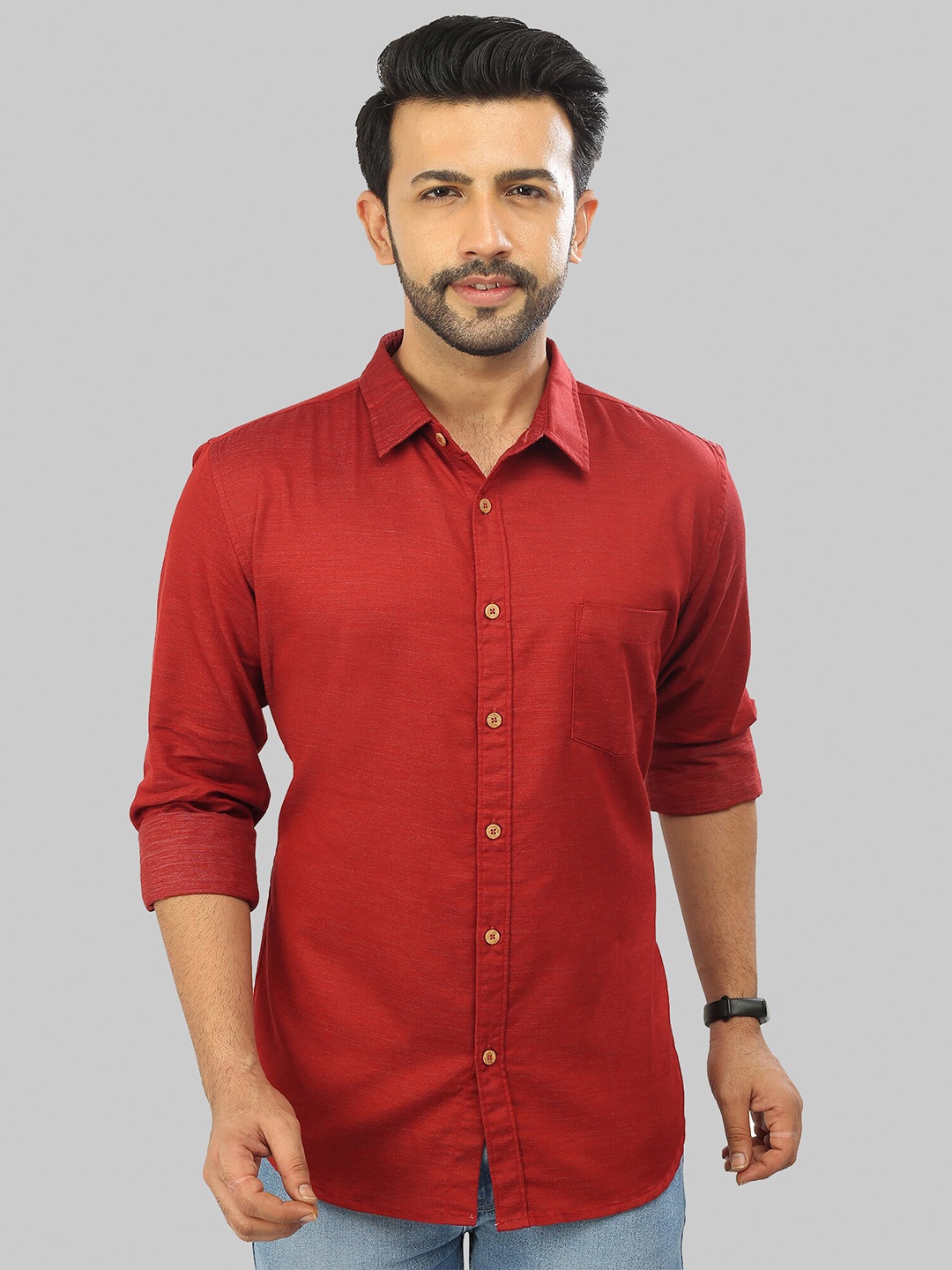 

ROCKING SWAMY Spread Collar Slim Fit Casual Cotton Shirt, Red