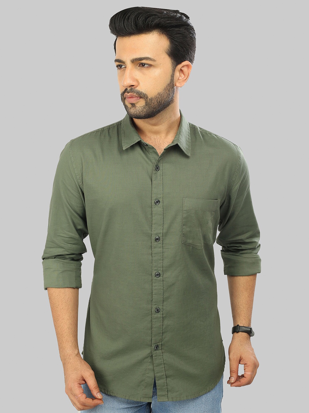 

ROCKING SWAMY Men Slim Fit Casual Cotton Shirt, Olive