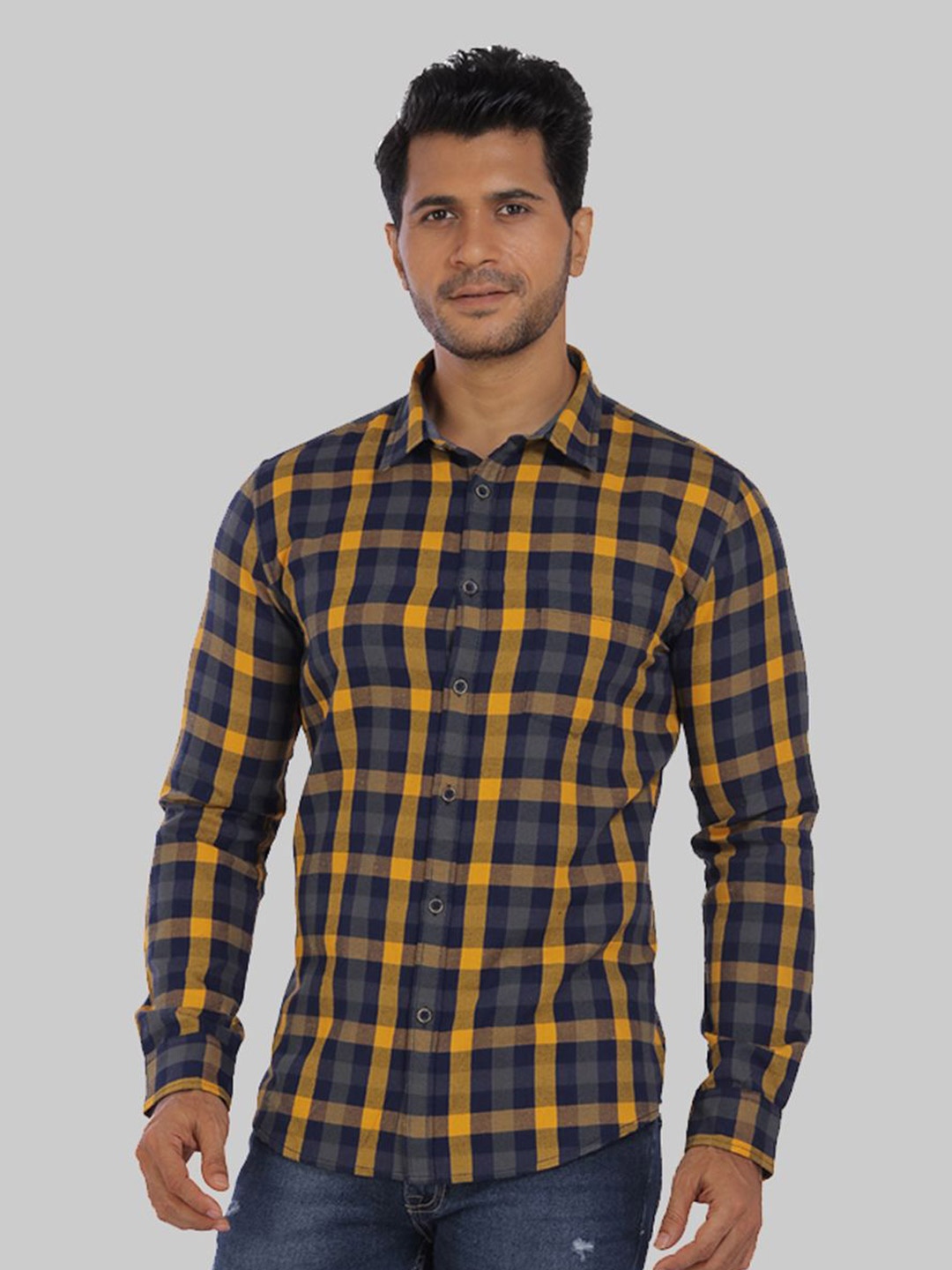 

ROCKING SWAMY Men Slim Fit Tartan Checked Casual Cotton Shirt, Yellow