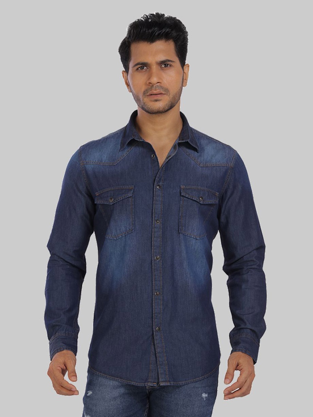 

ROCKING SWAMY Men Slim Fit Faded Casual Cotton Shirts, Navy blue