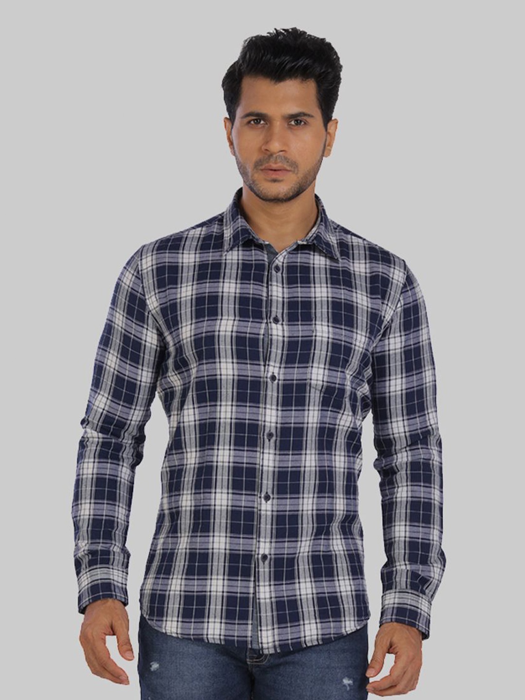 

ROCKING SWAMY Men Checked Cotton Slim Fit Casual Shirt, Blue