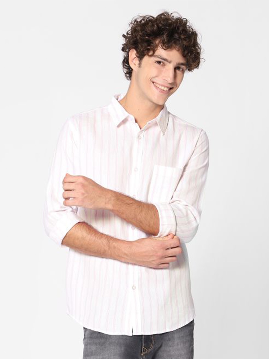

ROCKING SWAMY Men Slim Fit Vertical Striped Casual Cotton Shirt, White