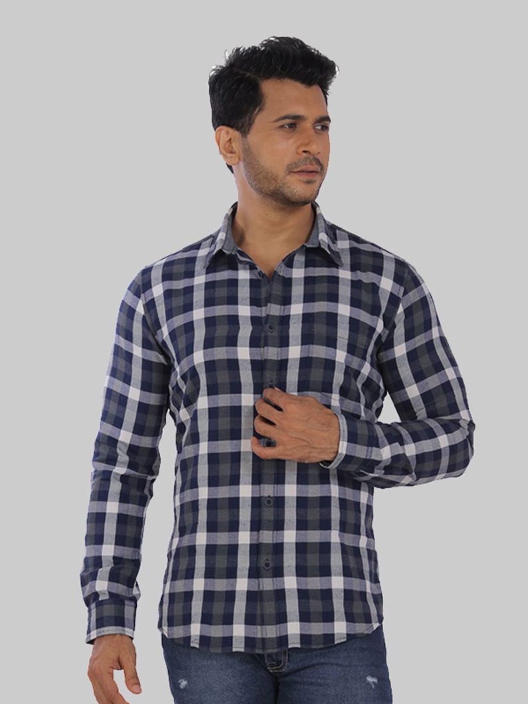 

ROCKING SWAMY Men Slim Fit Tartan Checked Casual Cotton Shirt, Blue