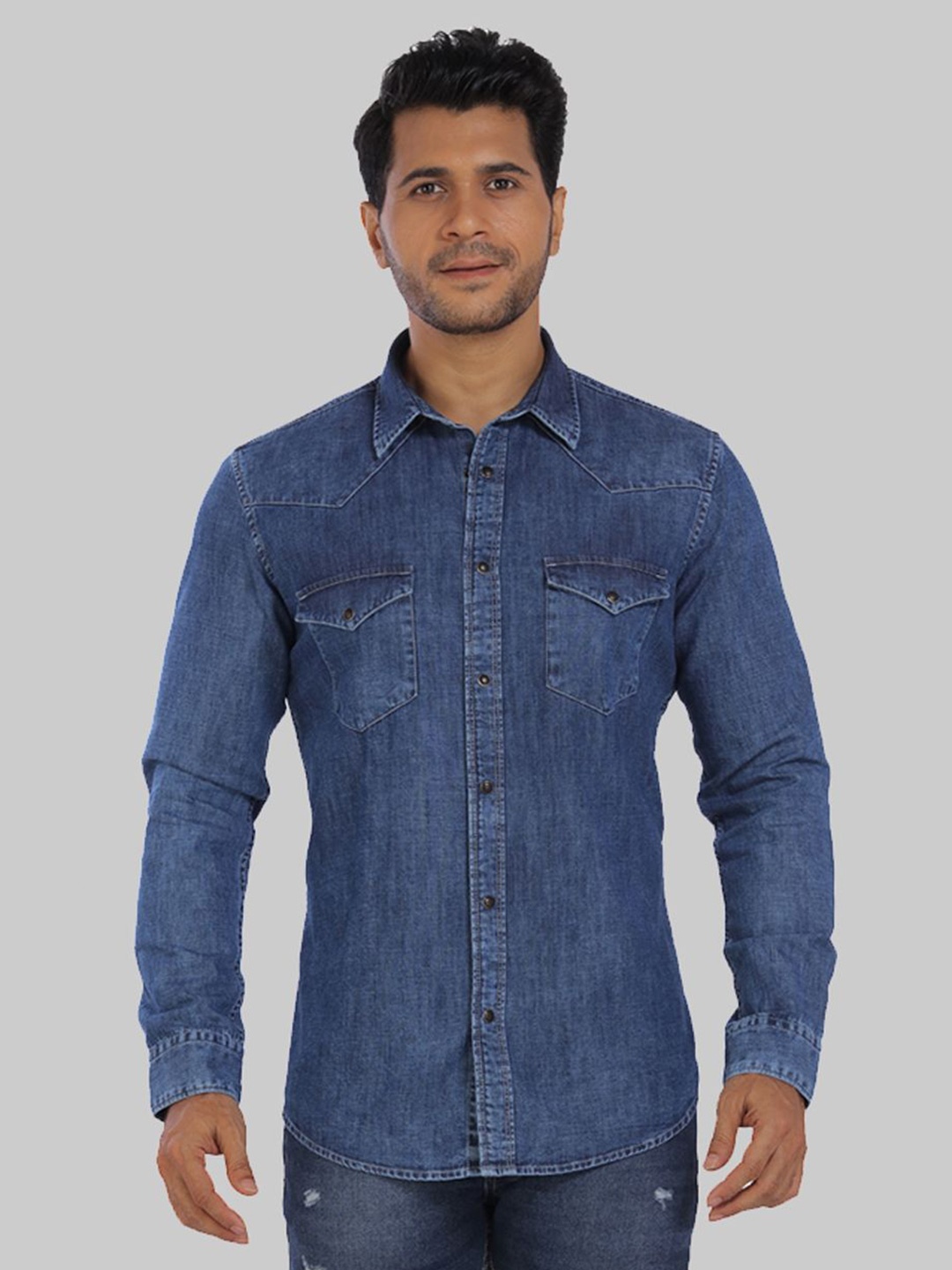 

ROCKING SWAMY Spread Collar Slim Fit Faded Casual Denim Cotton Shirt, Blue