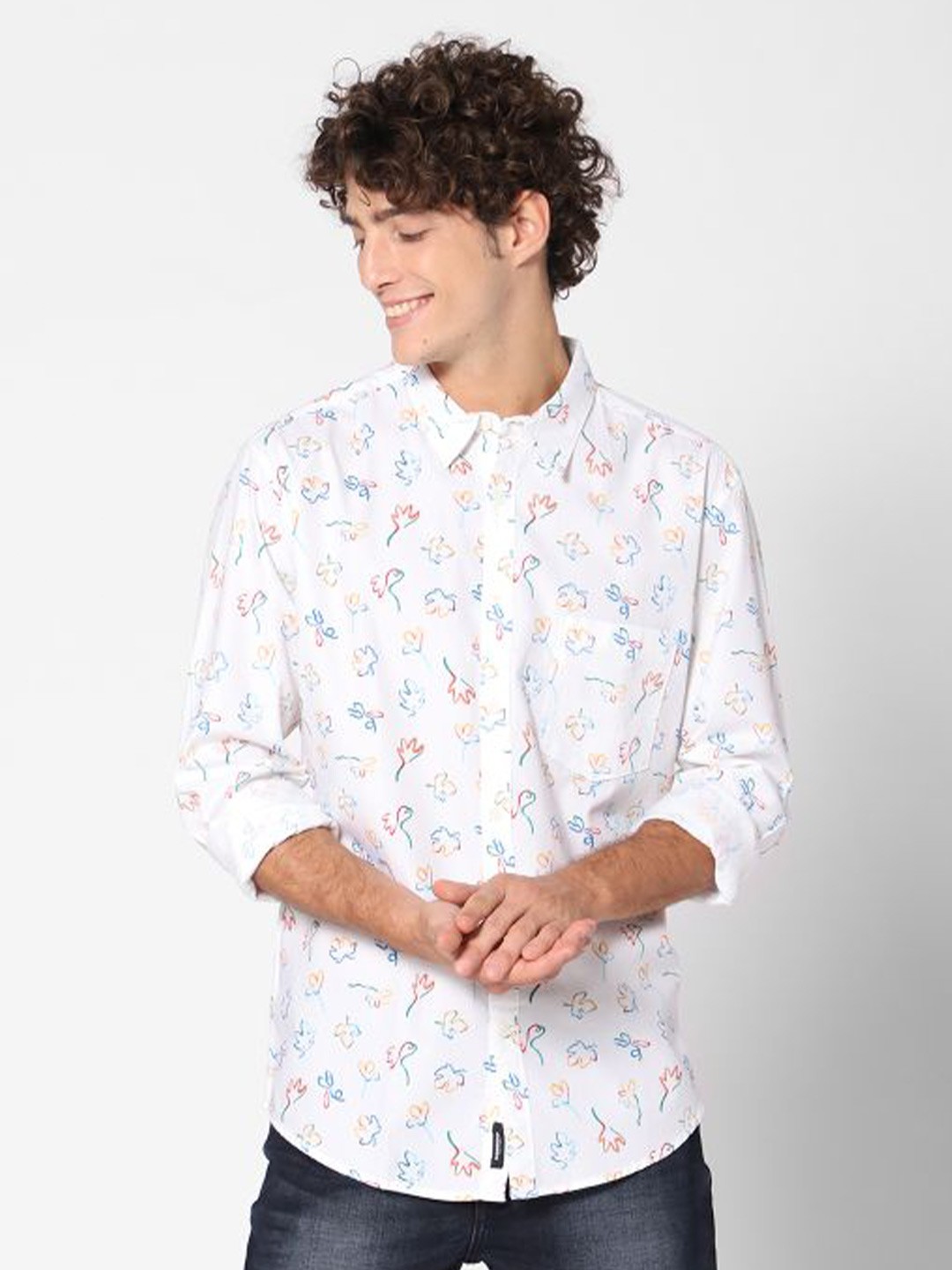 

ROCKING SWAMY Men Slim Fit Floral Printed Casual Shirt, White