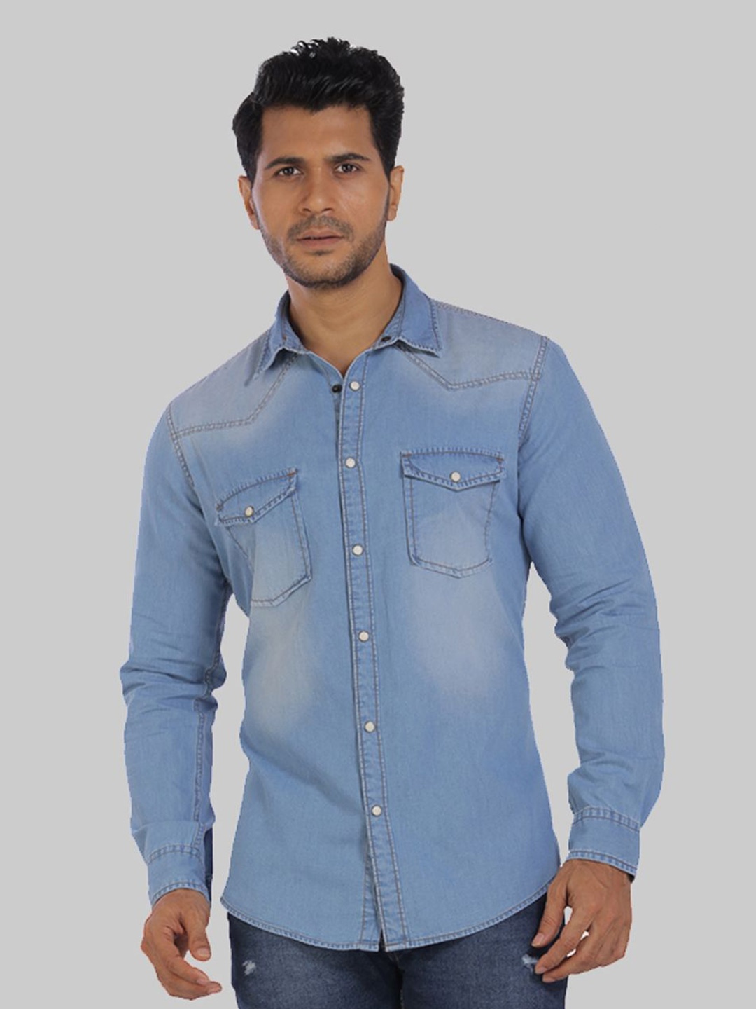 

ROCKING SWAMY Men Slim Fit Faded Casual Cotton Shirt, Blue