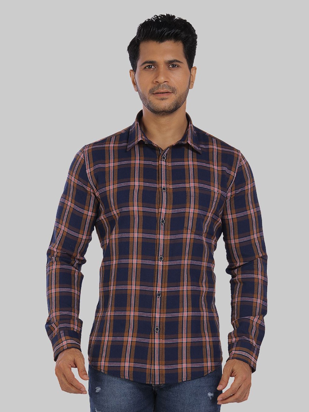 

ROCKING SWAMY Men Navy Blue Slim Fit Tartan Checks Checked Casual Shirt