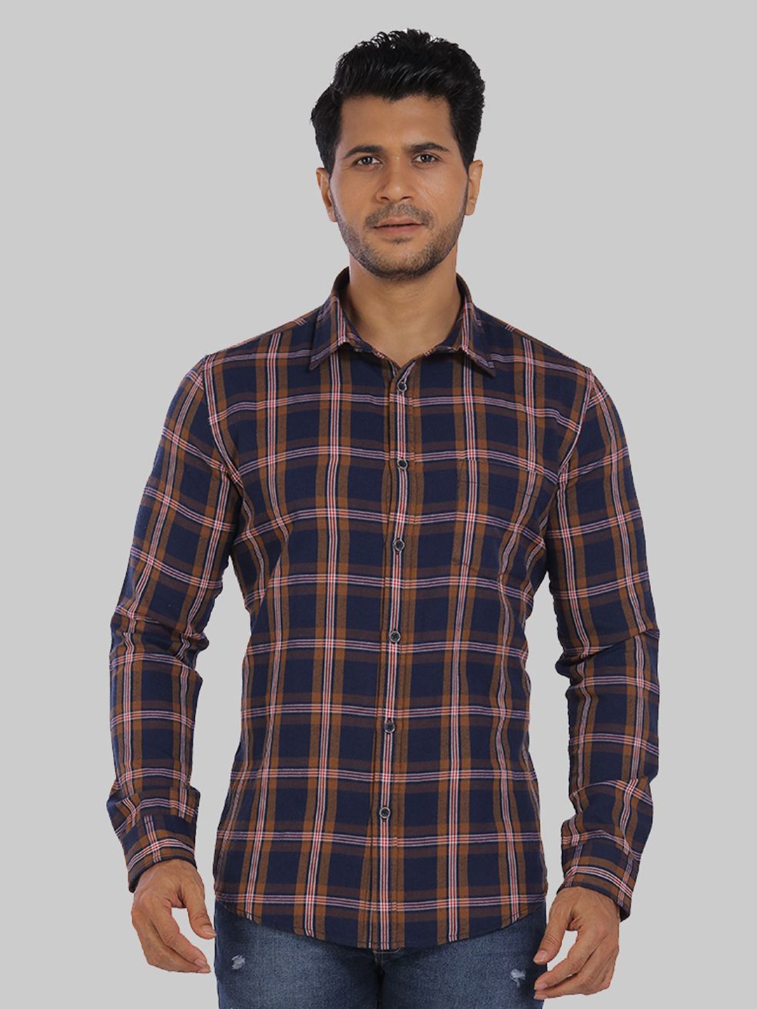 

ROCKING SWAMY Men Tartan Checks Cotton Casual Shirt, Navy blue