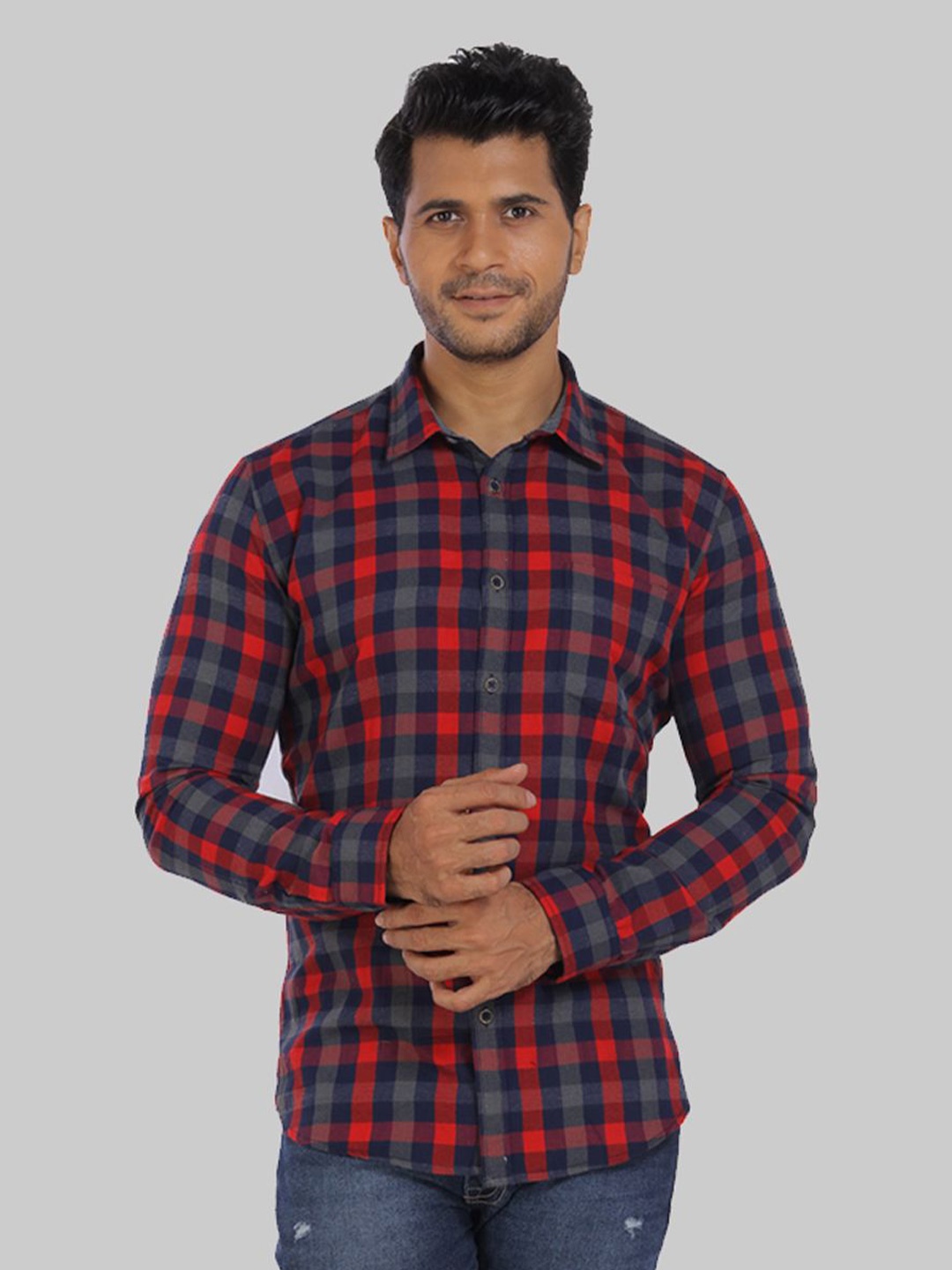 

ROCKING SWAMY Men Checked Cotton Slim Fit Casual Shirt, Blue