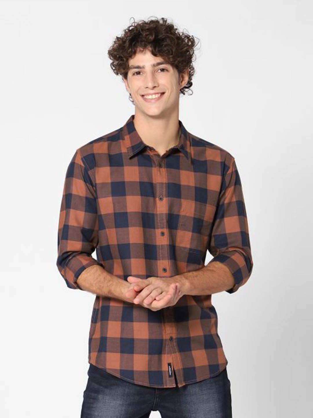 

ROCKING SWAMY Men Checked Cotton Slim Fit Casual Shirt, Rust
