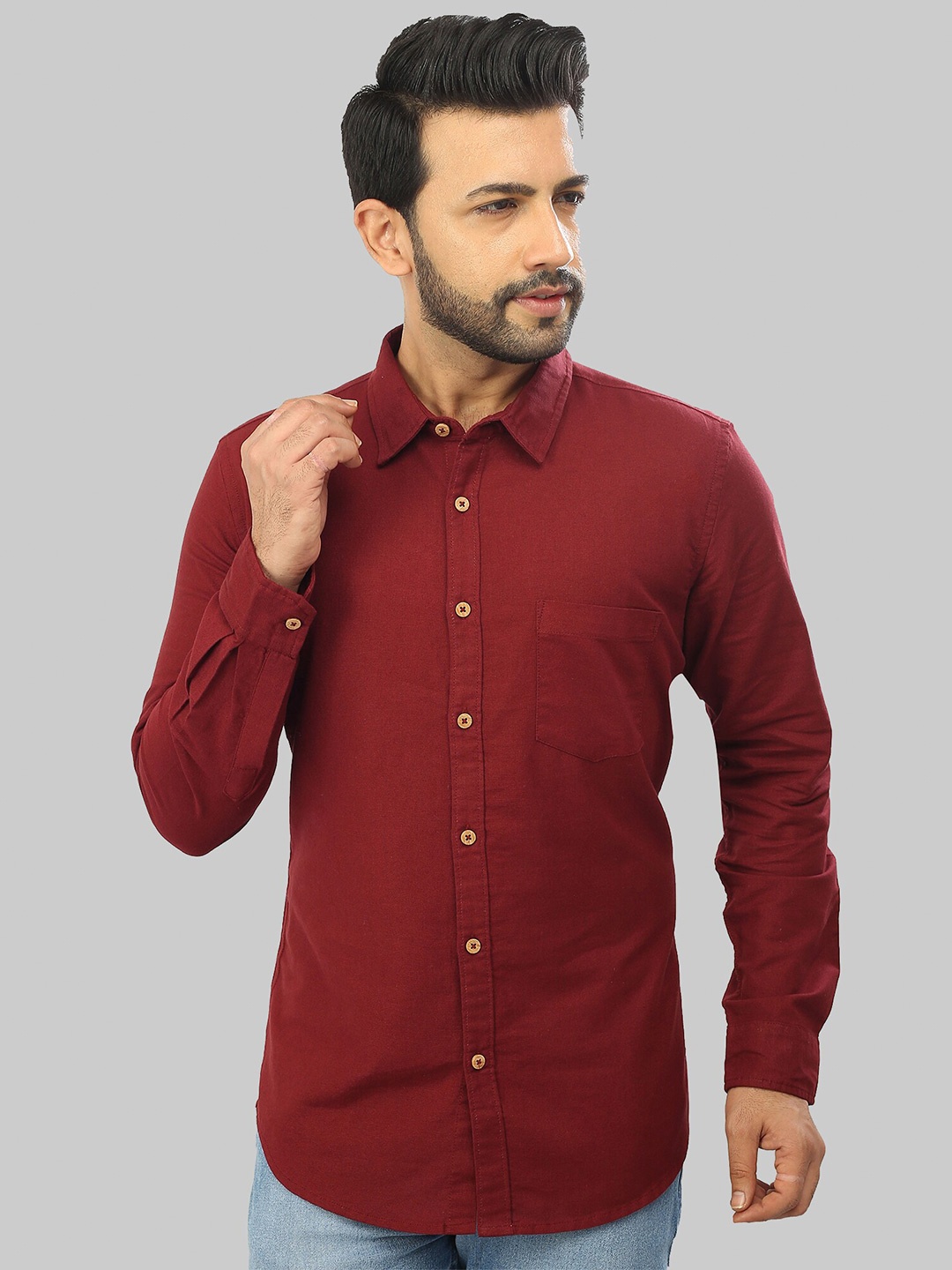 

ROCKING SWAMY Men Spread Collar Cotton Slim Fit Casual Shirt, Maroon