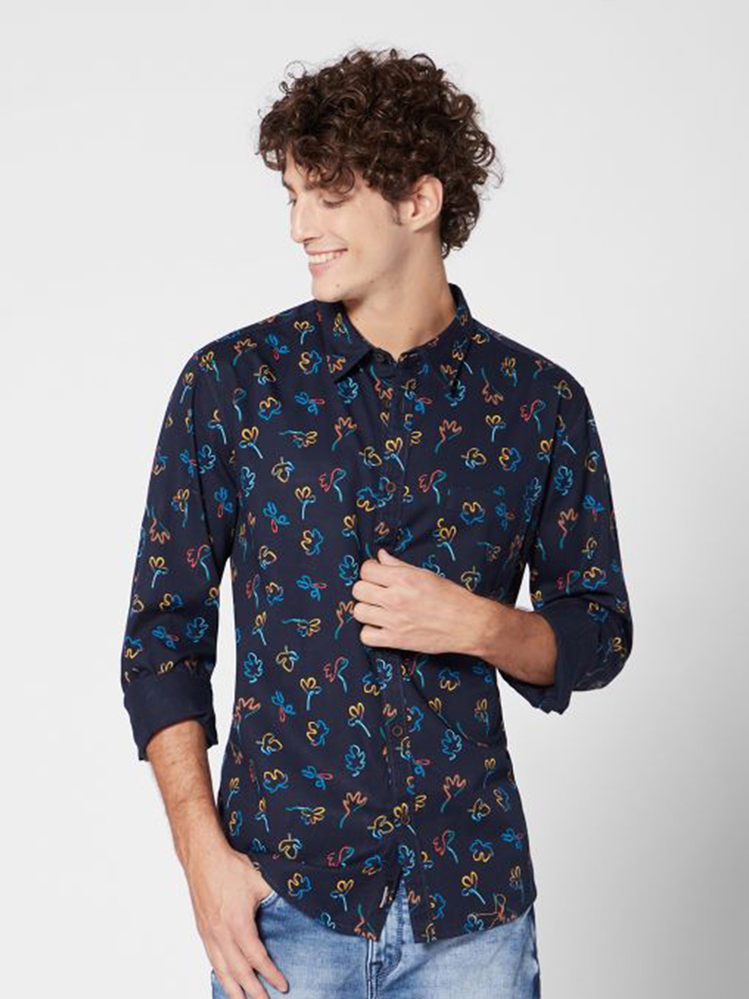 

ROCKING SWAMY Men Floral Printed Cotton Slim Fit Casual Shirt, Navy blue