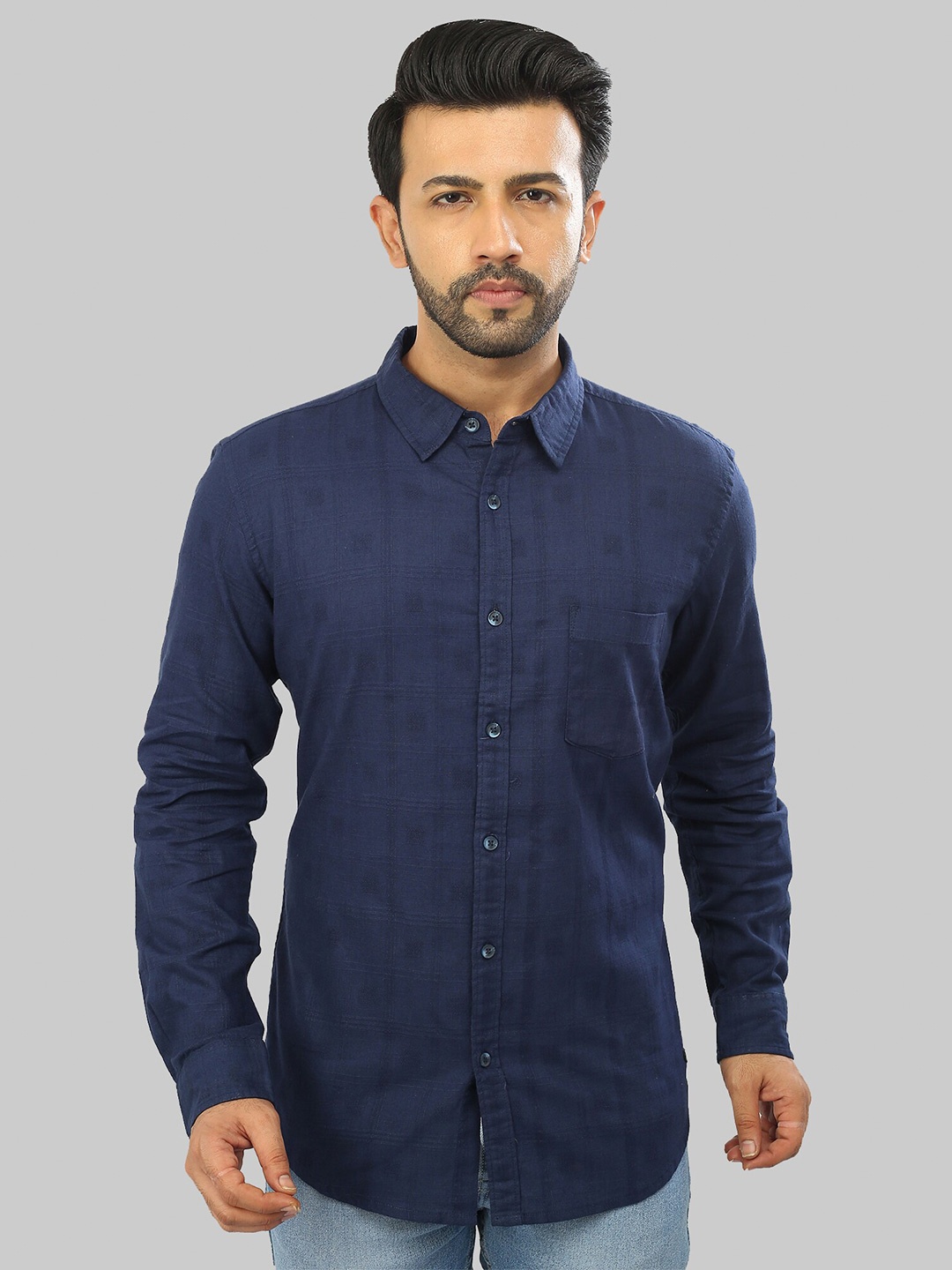 

ROCKING SWAMY Men Checked Spread Collar Cotton Slim Fit Casual Shirt, Navy blue