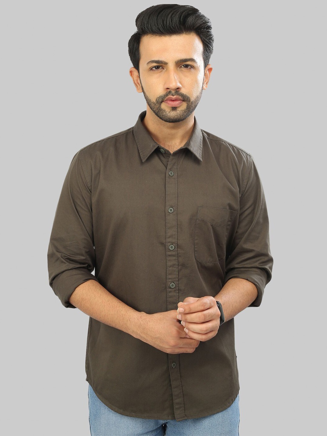 

ROCKING SWAMY Men Slim Fit Casual Cotton Shirt, Olive