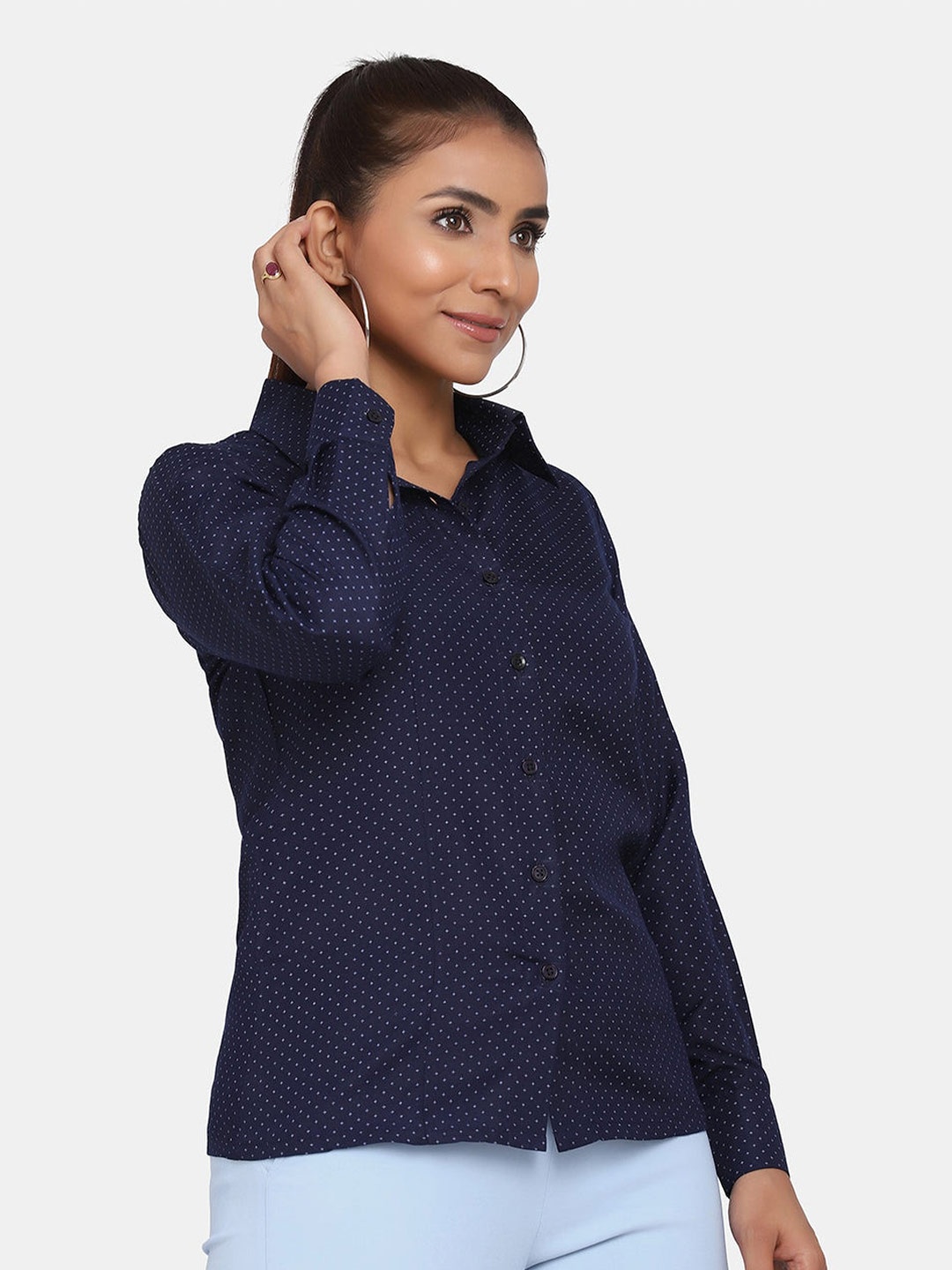 

PowerSutra Women Micro Ditsy Printed Formal Shirt, Navy blue