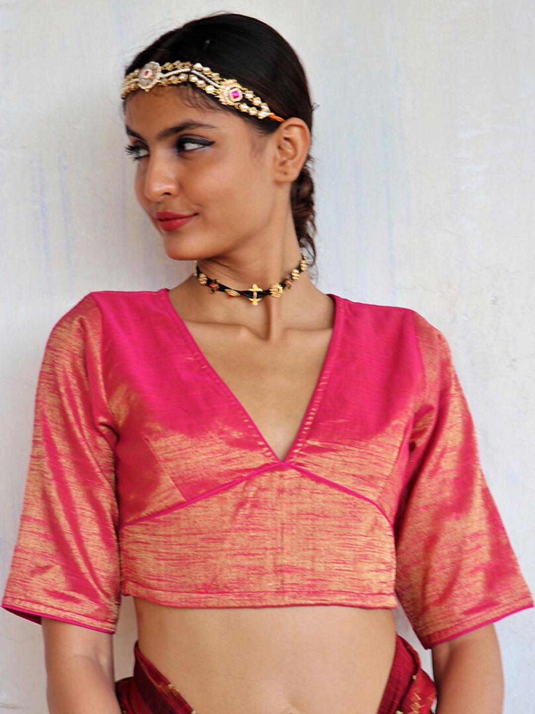 

Chidiyaa Plus Size Woven-Design Cotton Zari Saree Blouse, Red