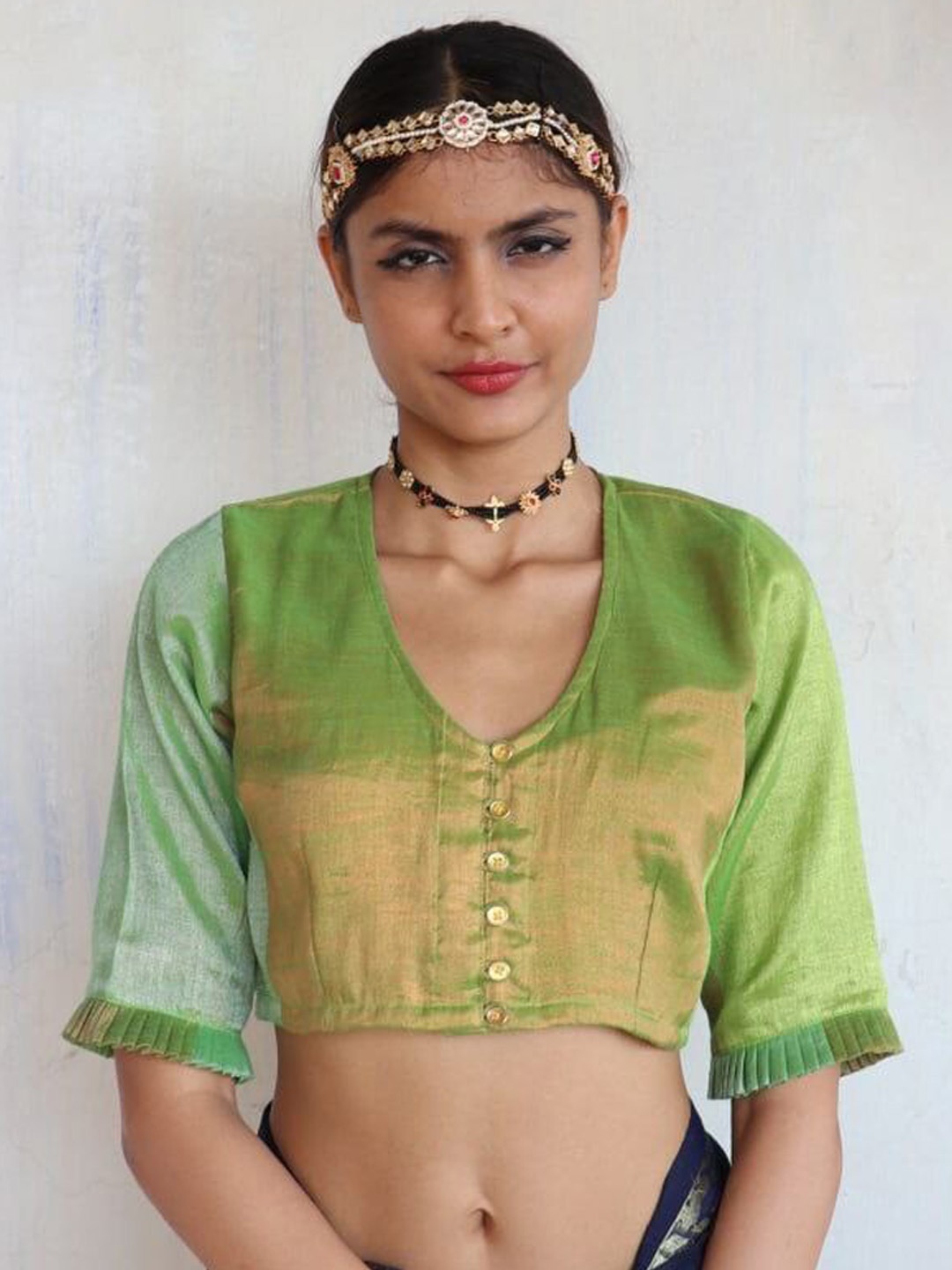 

Chidiyaa Zari Cotton Saree Blouse, Green