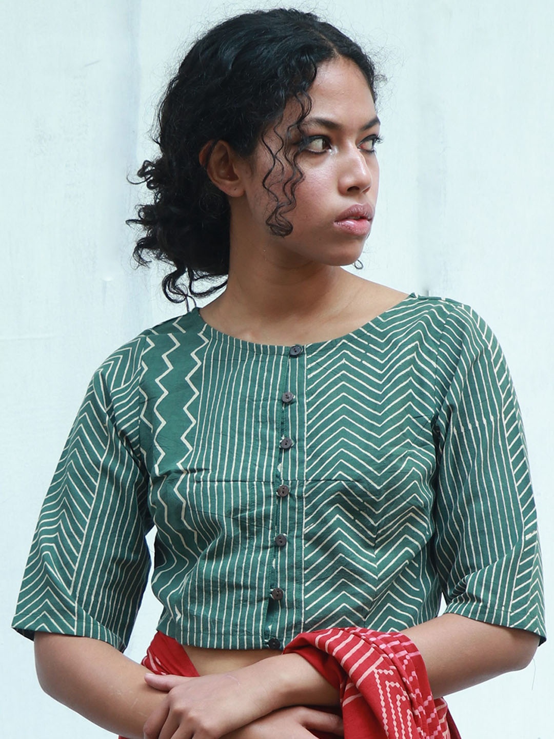 

Chidiyaa Striped Cotton Saree Blouse, Green
