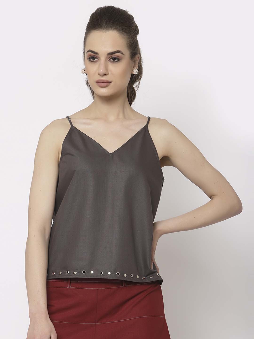 

OFFICE & YOU Embellished Pure Cotton Top, Brown