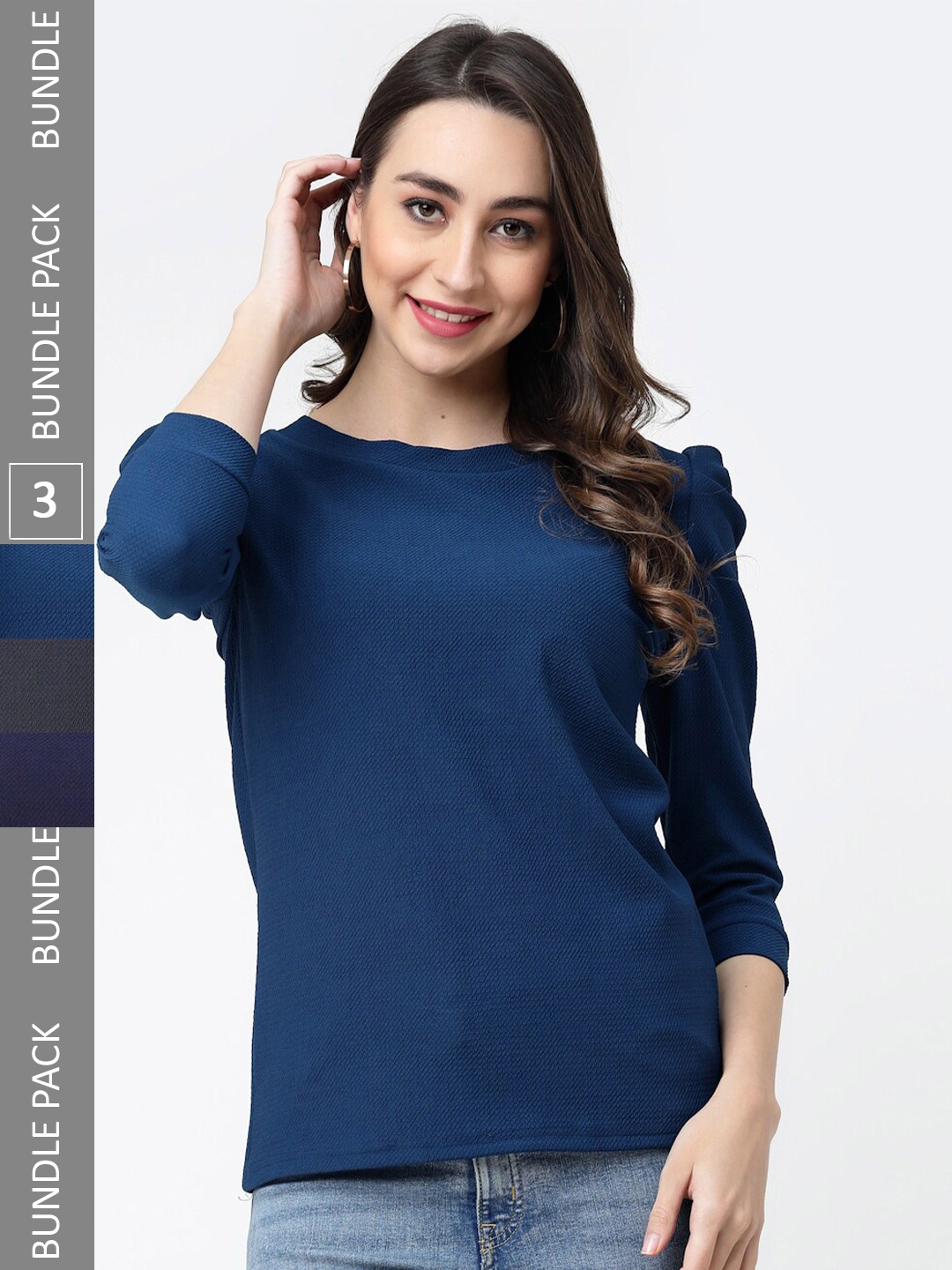 

MISS AYSE Pack of 3 Puff Sleeves Tops, Navy blue