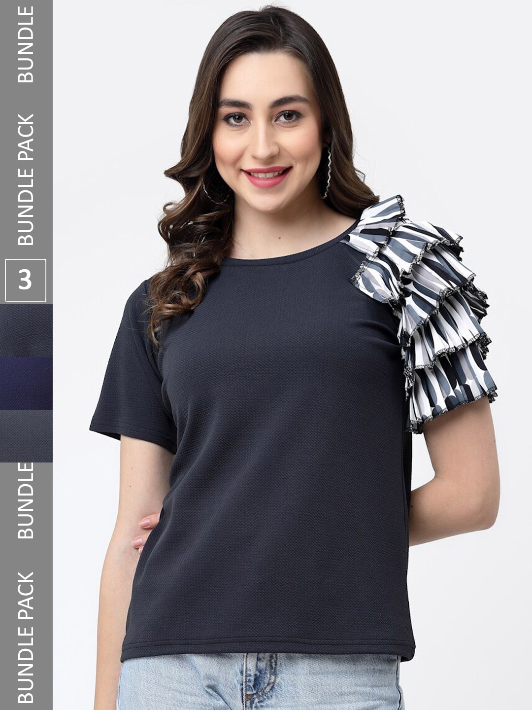 

MISS AYSE Pack of 3 Ruffled Flared Sleeves Cotton Tops, Black