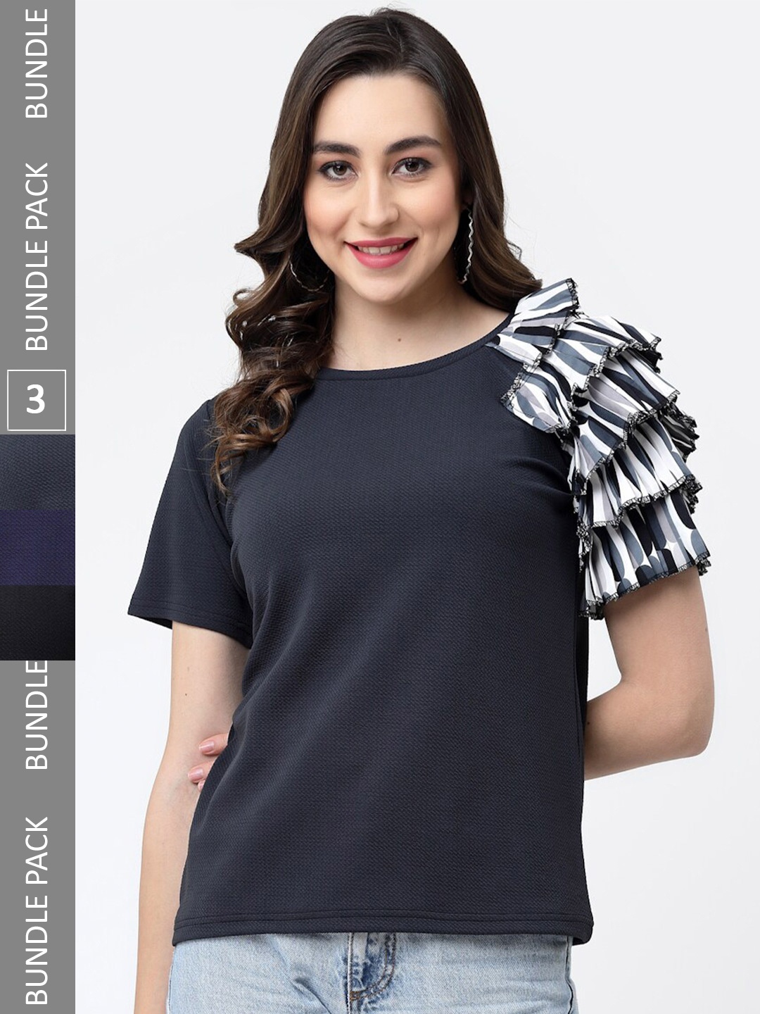 

MISS AYSE Pack of 3 Ruffled Flared Sleeves Cotton Tops, Black