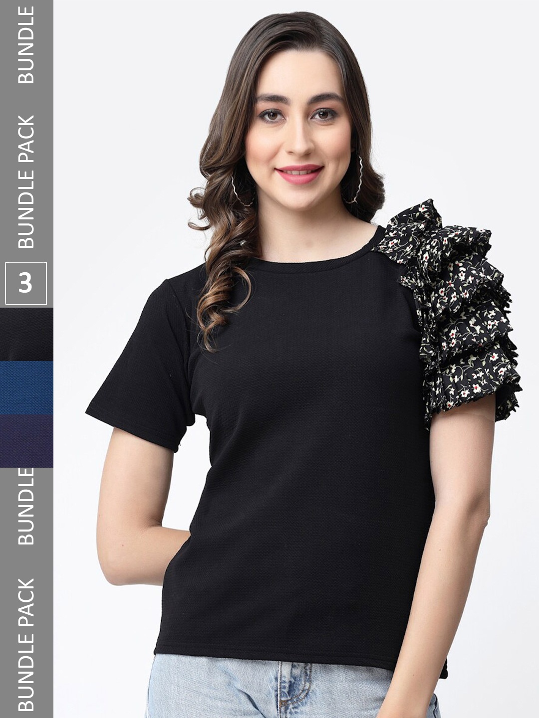 

MISS AYSE Pack of 3 Ruffled Flared Sleeves Tops, Blue