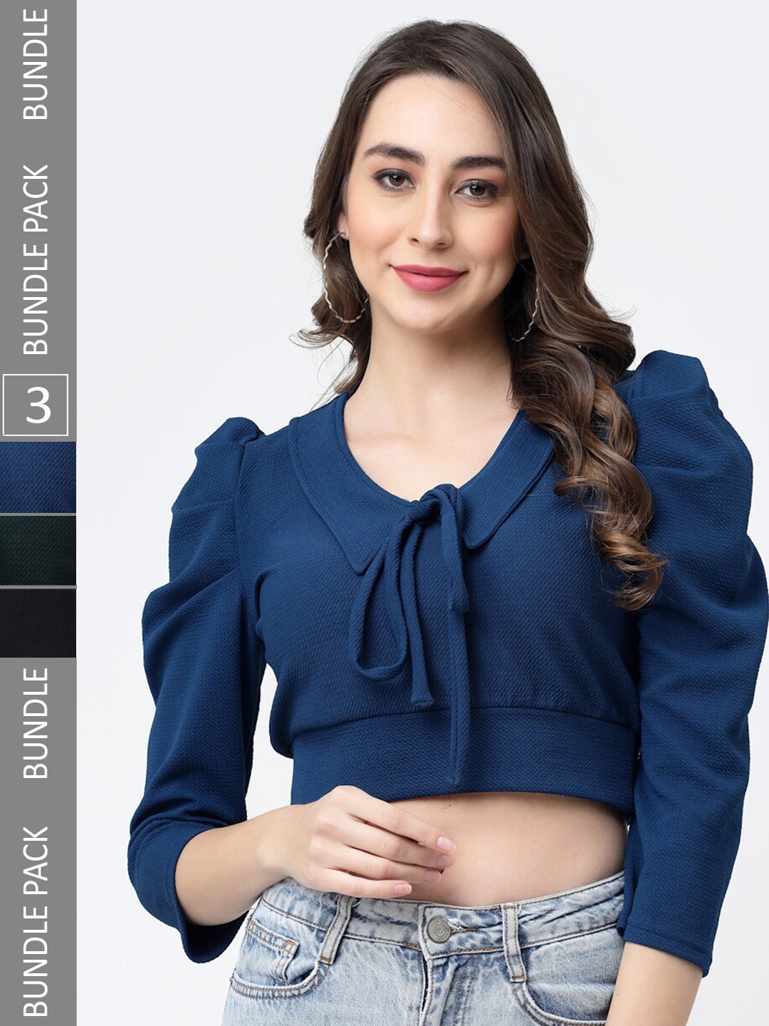 

MISS AYSE Pack of 3 Tie-Up Neck Crop Top, Blue