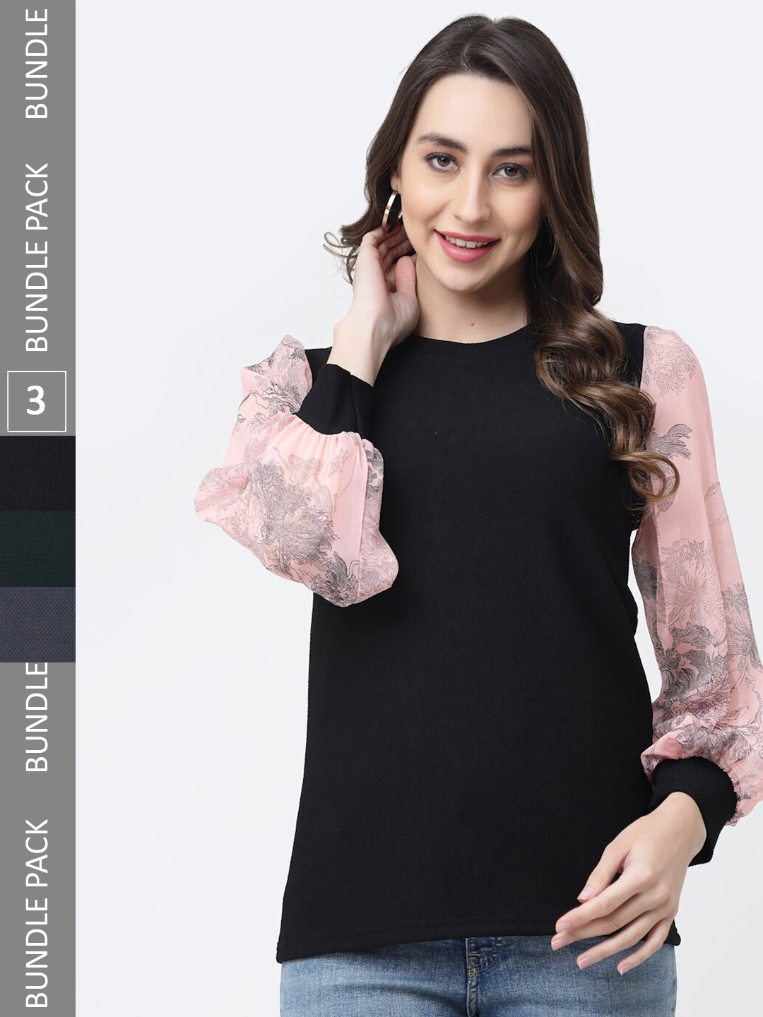 

MISS AYSE Pack Of 3 Floral Print Cotton Top, Charcoal