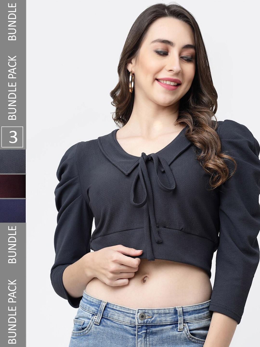 

MISS AYSE Pack Of 3 Tie-Up Neck Crop Top, Grey