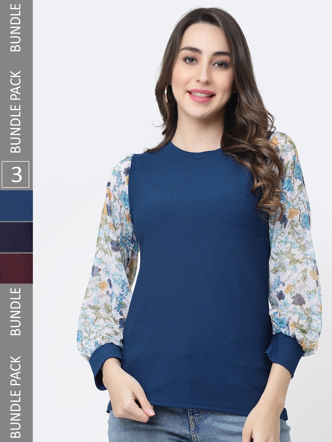 

MISS AYSE Pack of 3 Printed Cuffed Sleeve Top, Blue