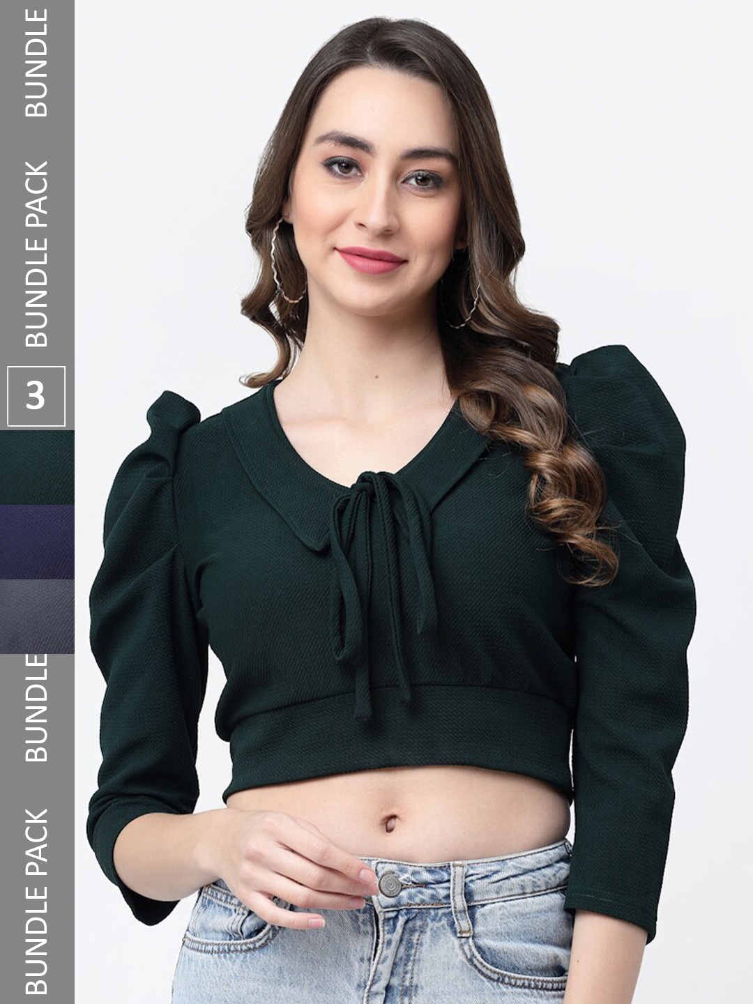 

MISS AYSE Pack of 3 Tie-Up Neck Crop Top, Green