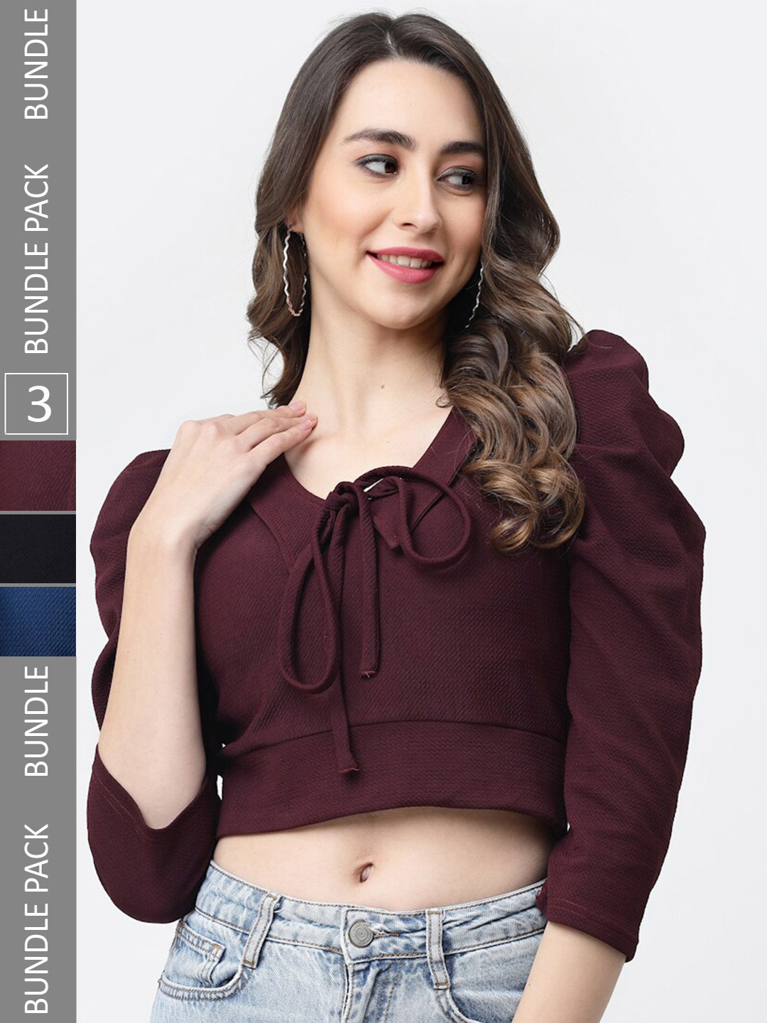 

MISS AYSE Pack Of 3 Tie-Up Neck Crop Top, Blue