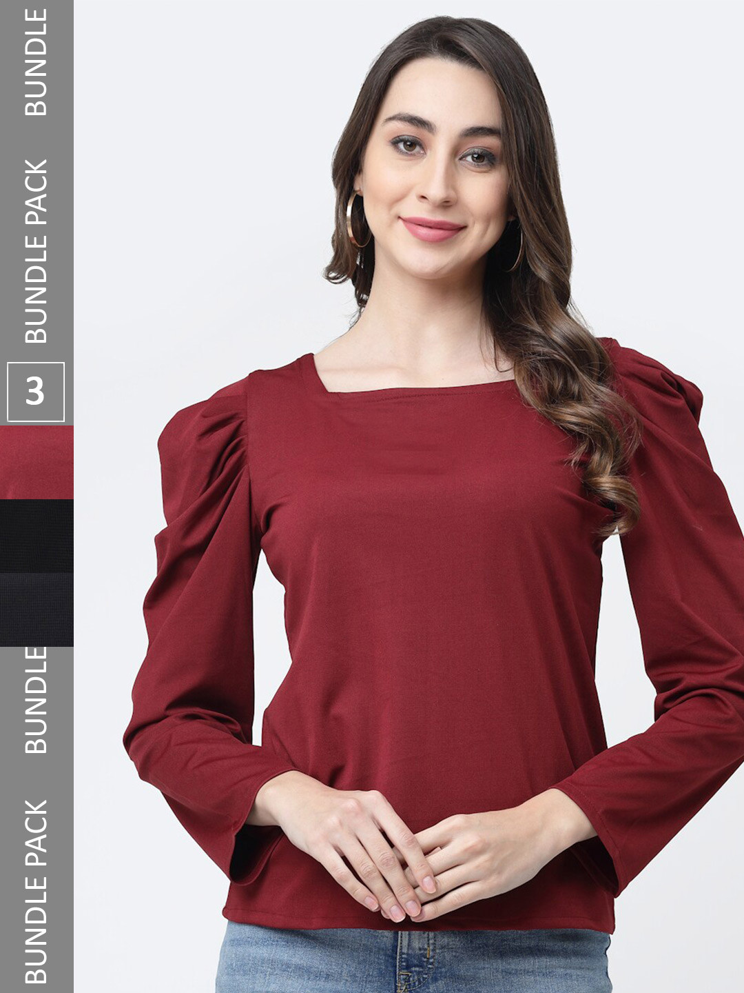 

MISS AYSE Pack of 3 Puff Sleeves Tops, Maroon