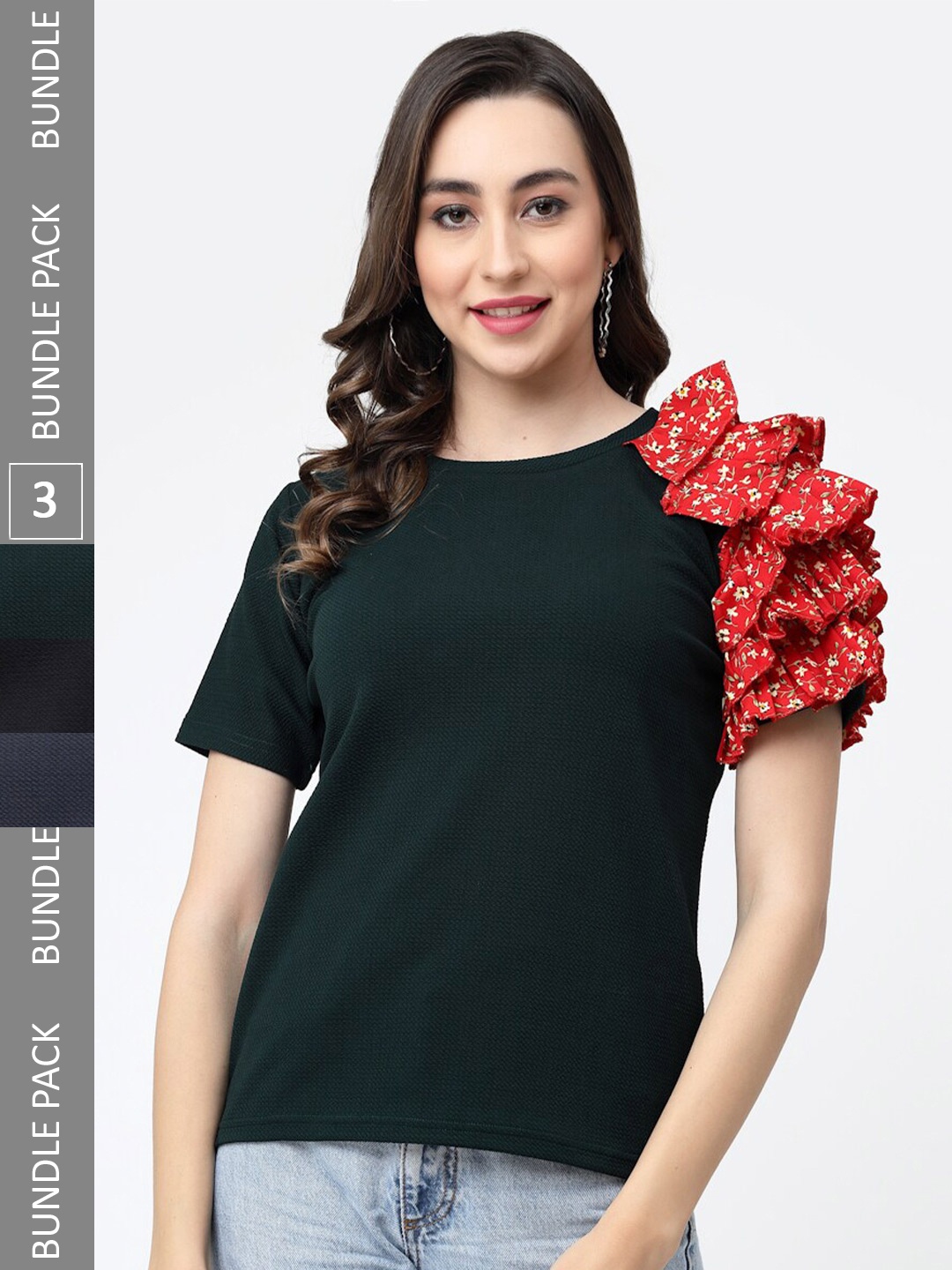 

MISS AYSE Pack of 3 One Side Ruffles Sleeve Cotton Tops, Black