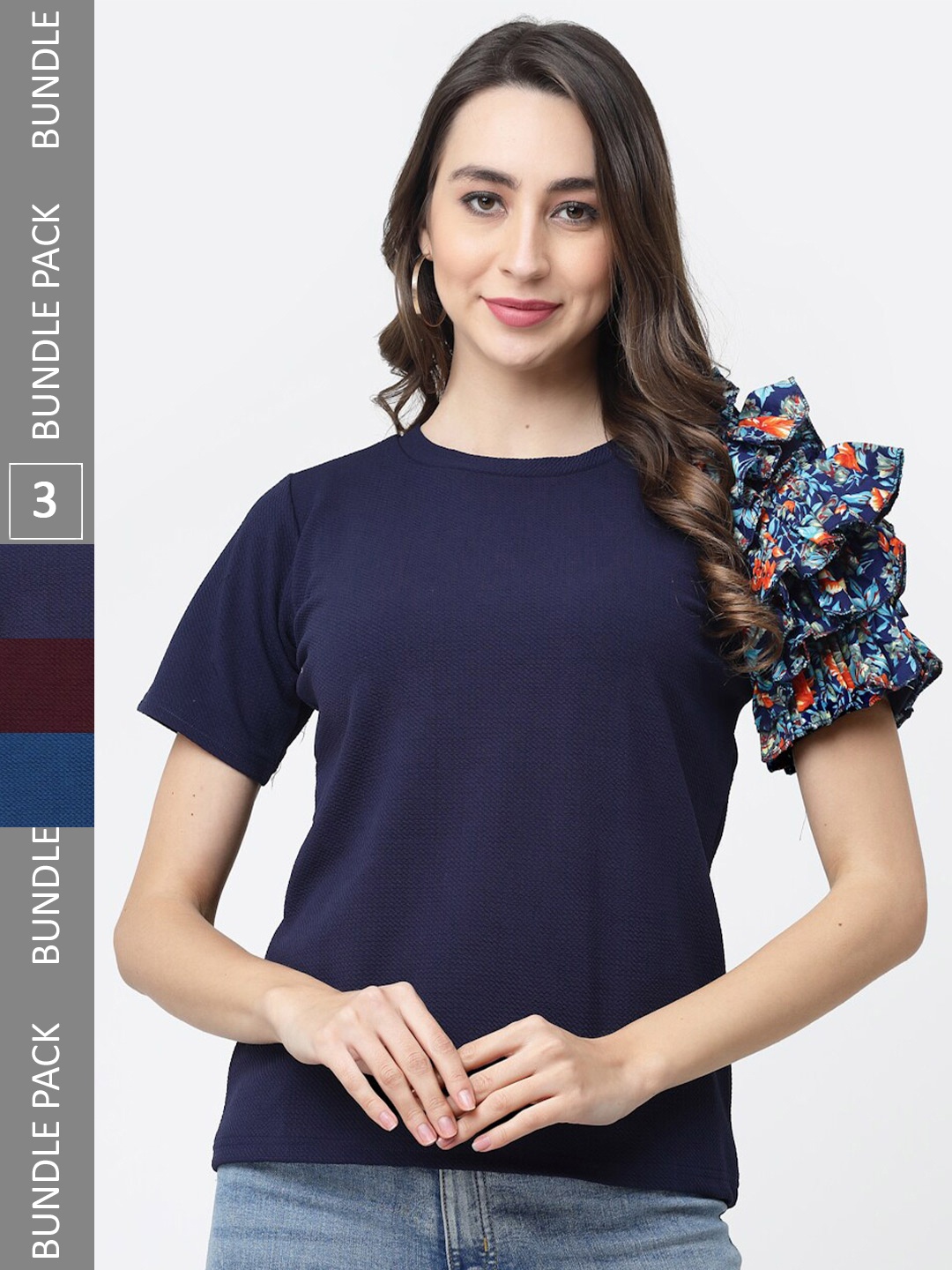 

MISS AYSE Navy Blue & Maroon Ruffles Top