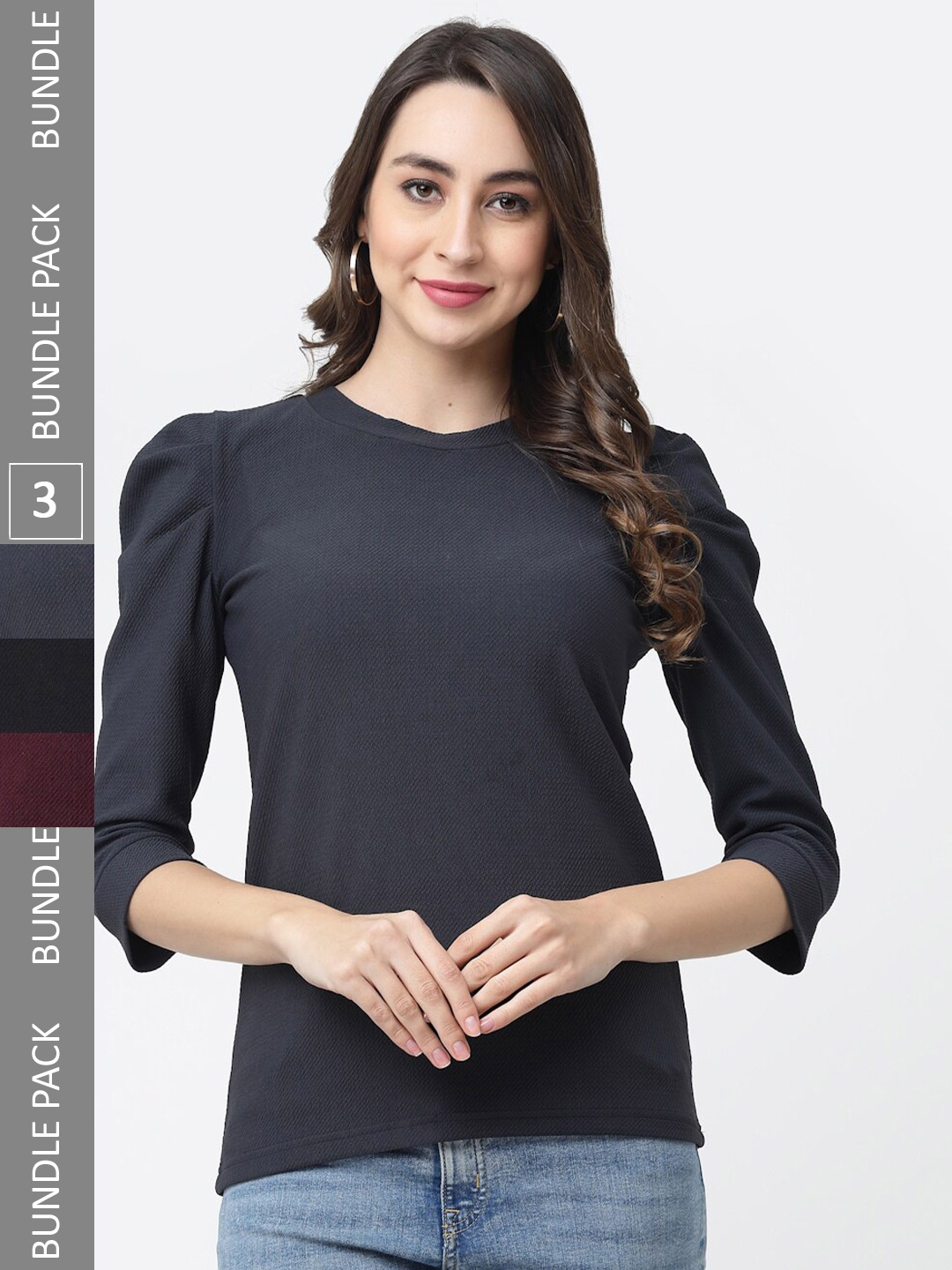 

MISS AYSE Pack of 3 Puff Sleeve Regular Tops, Grey