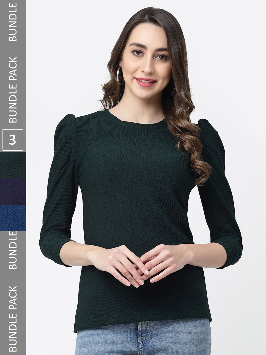 

MISS AYSE Pack of 3 Puff Sleeve Regular Tops, Green