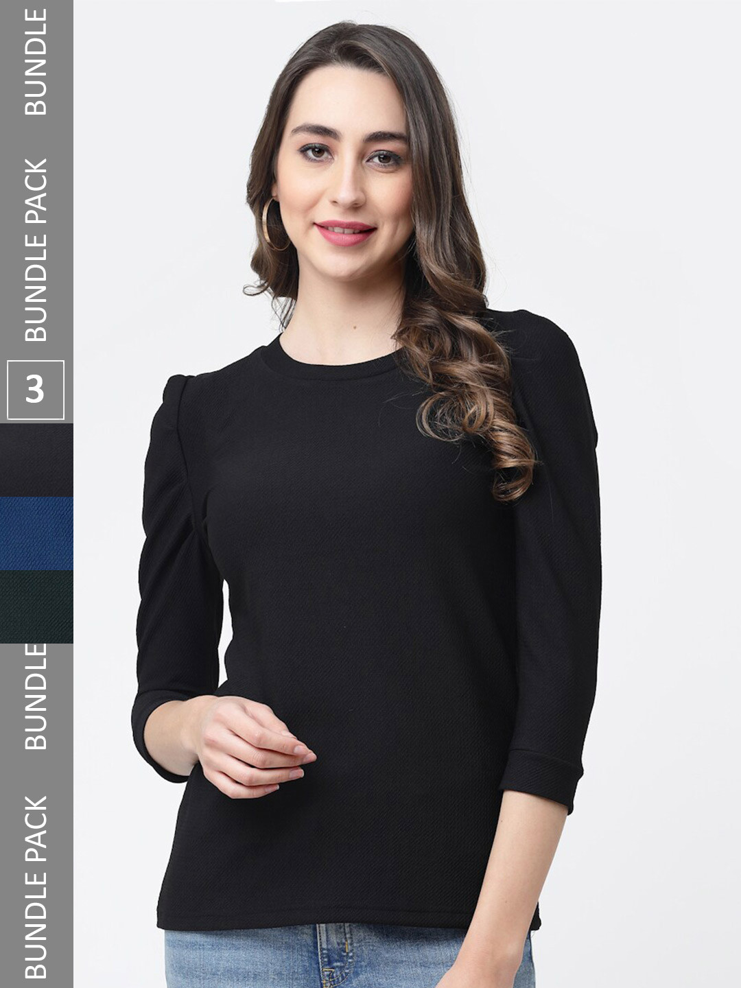 

MISS AYSE Pack of 3 Puff Sleeve Cotton Top, Black