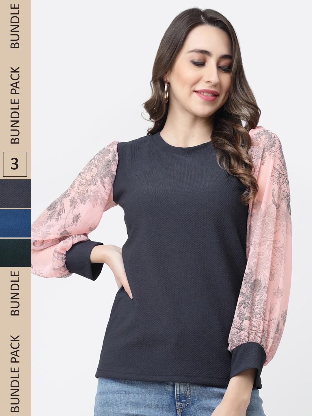 MISS AYSE Pack of 3 Floral Printed Puff Sleeve Top, Navy blue