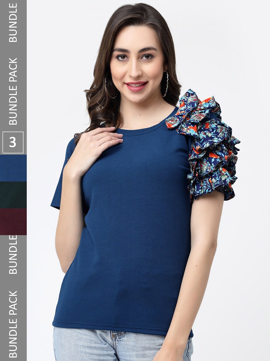 

MISS AYSE Pack of 3 Floral Print Ruffles Cotton Top, Navy blue