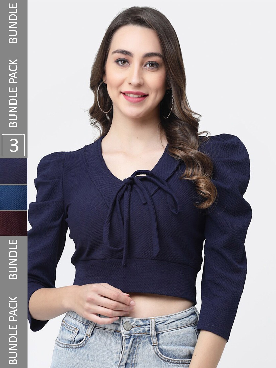 

MISS AYSE Pack of 3 Tie-Up Neck Crepe Top, Multi
