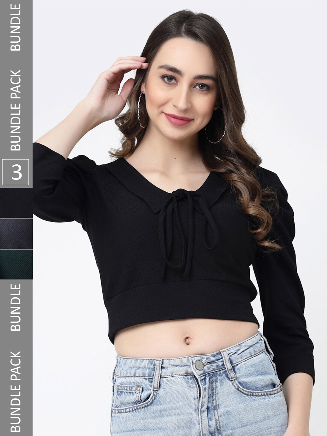 

MISS AYSE Pack Of 3 Tie-Up Neck Crop Top, Black