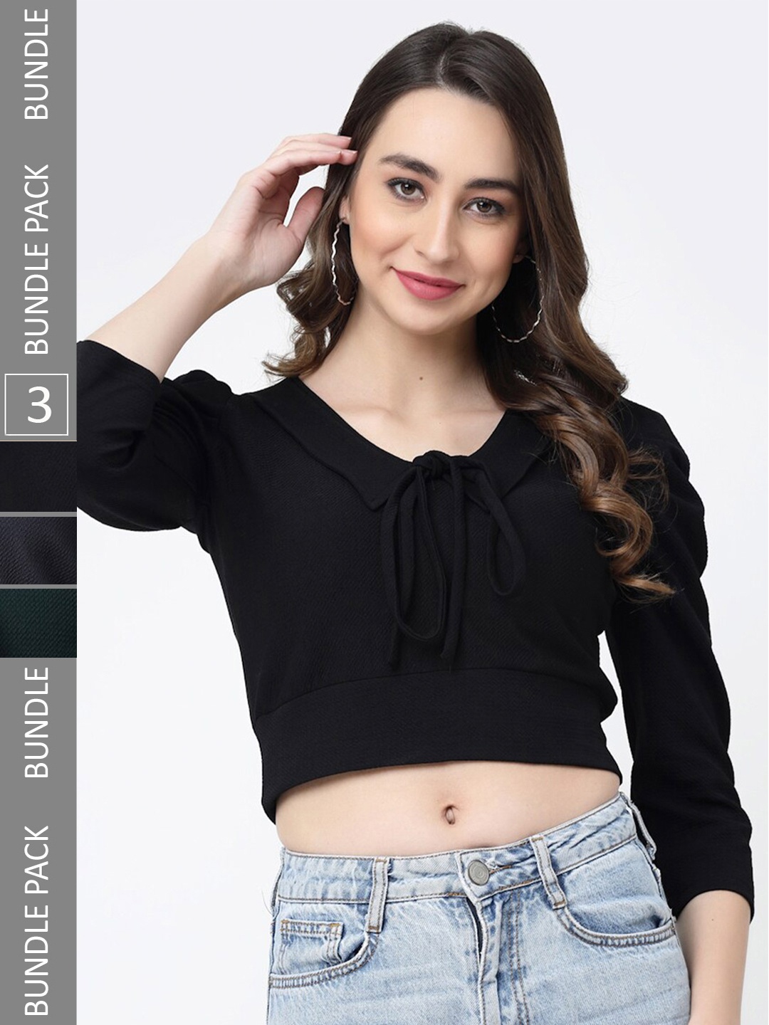

MISS AYSE Pack Of 3 Tie-Up Neck Crop Top, Black
