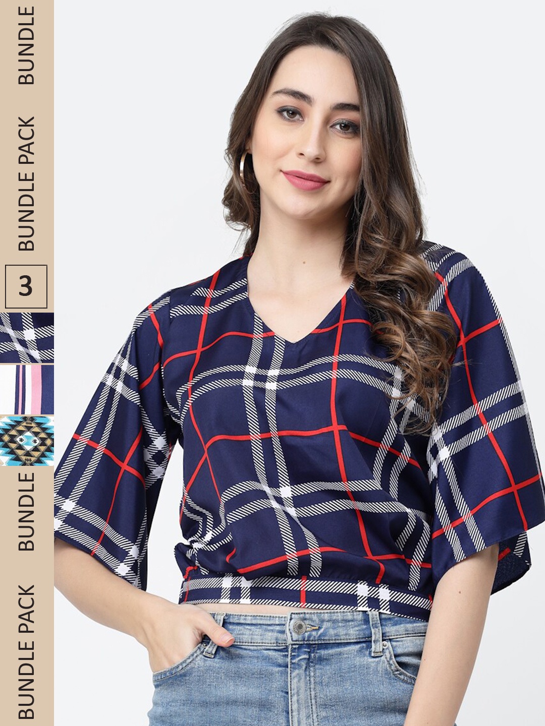 

MISS AYSE Pack Of 3 Checked Crop Top, Navy blue