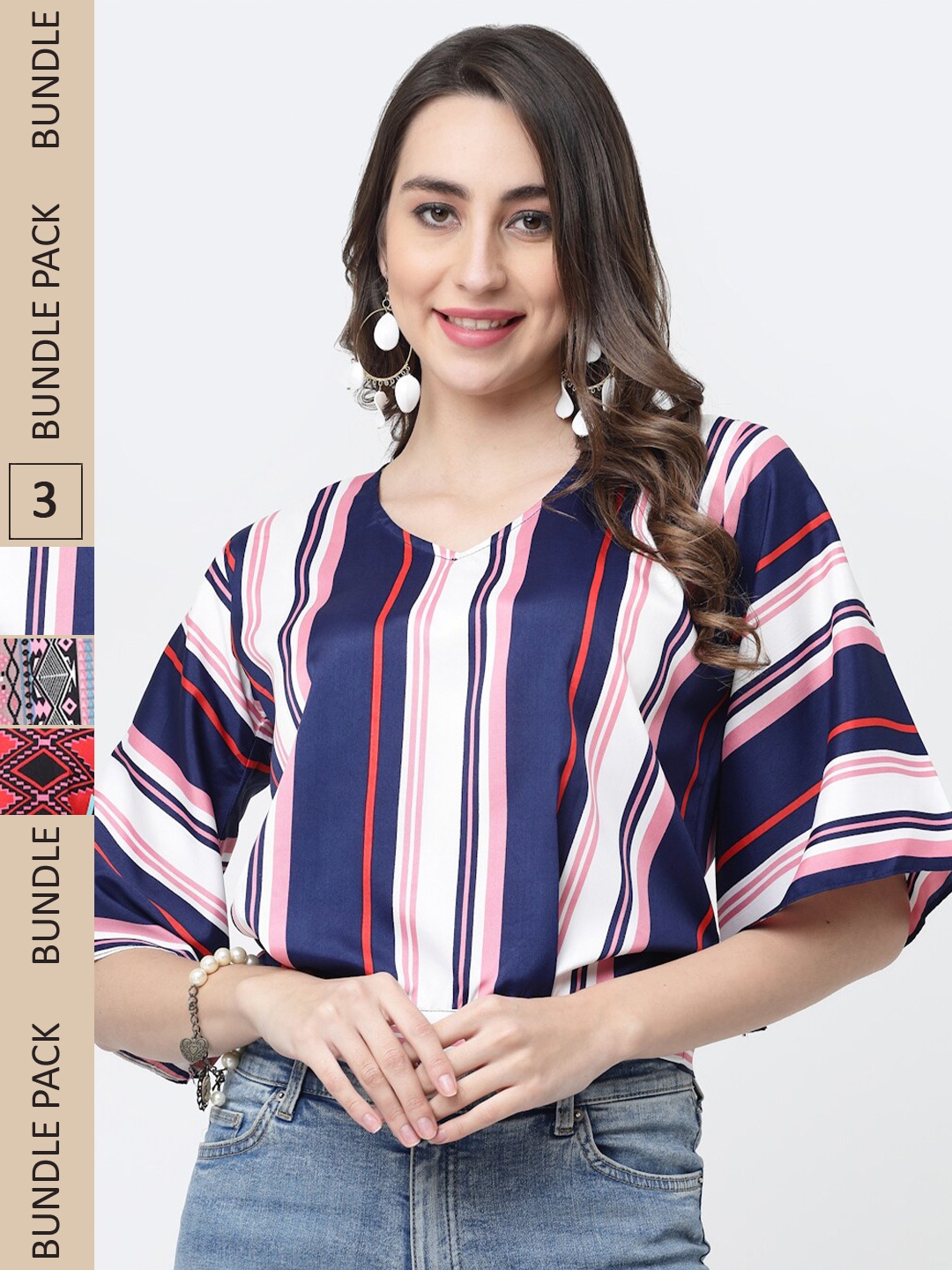 

MISS AYSE Pack of 3 Striped Crepe Blouson Tops, Blue