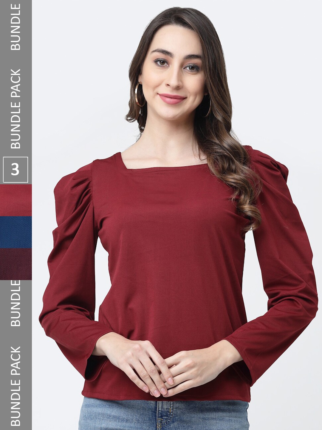 

MISS AYSE Pack of 3 Square Neck Cotton Tops, Maroon