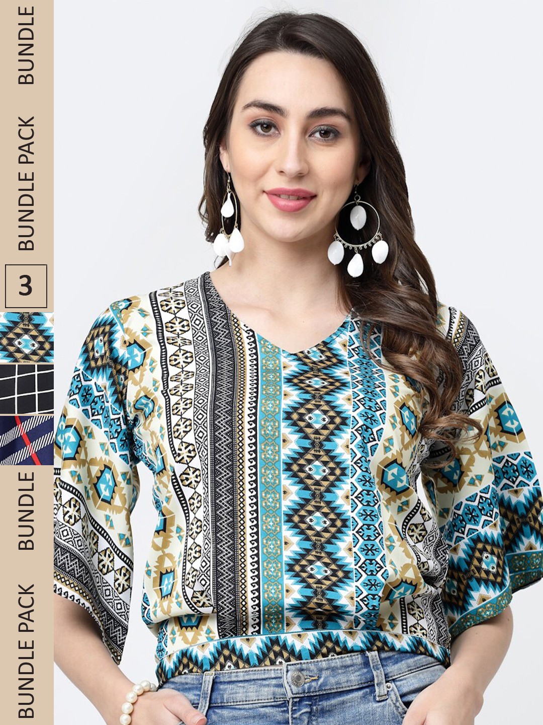 

MISS AYSE Pack of 3 Tribal Printed V Neck Top, Turquoise blue